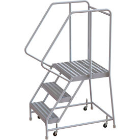 3 Step Aluminum Rolling Ladder, 16"W Ribbed Tread, 21"D Top Step, 32" Handrails