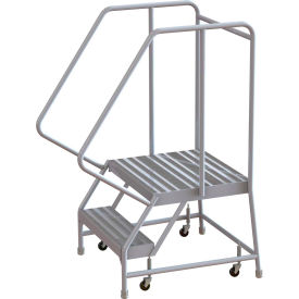 2 Step Aluminum Rolling Ladder, 16"W Ribbed Tread, 21"D Top Step, 32" Handrails