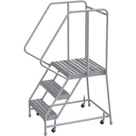 3 Step Aluminum Rolling Ladder, 24"W Ribbed Tread, 21"D Top Step, 32" Handrails
