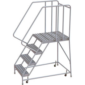 4 Step Aluminum Rolling Ladder, 16"W Ribbed Tread, 28"D Top Step, 32" Handrails