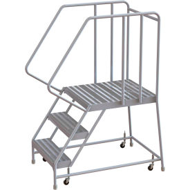 3 Step Aluminum Rolling Ladder, 16"W Ribbed Tread, 28"D Top Step, 32" Handrails -