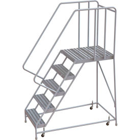5 Step Aluminum Rolling Ladder, 16"W Ribbed Tread, 28"D Top Step, 32" Handrails