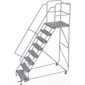 8 Step Aluminum Rolling Ladder, 24"W Ribbed Tread, 28"D Top Step, 32" Handrails