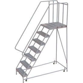 7 Step Aluminum Rolling Ladder, 24"W Ribbed Tread, 28"D Top Step, 32" Handrails