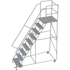 9 Step Aluminum Rolling Ladder, 24"W Ribbed Tread, 28"D Top Step, 32" Handrails