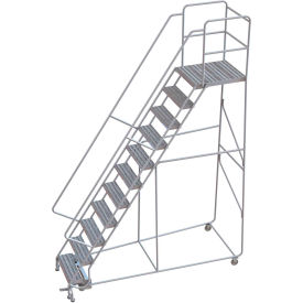 11 Step Aluminum Rolling Ladder, 24"W Ribbed Tread, 28"D Top Step, 32" Handrails