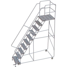 10 Step Aluminum Rolling Ladder, 24"W Ribbed Tread, 28"D Top Step, 32" Handrails