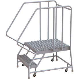 2 Step Aluminum Rolling Ladder, 16"W Grip Tread, 28"D Top Step, 32" Handrails