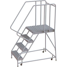 4 Step Aluminum Rolling Ladder, 24"W Grip Tread, 28"D Top Step, 32" Handrails