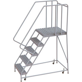 5 Step Aluminum Rolling Ladder, 16"W Grip Tread, 28"D Top Step, 32" Handrails