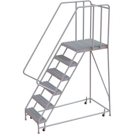 6 Step Aluminum Rolling Ladder, 16"W Grip Tread, 28"D Top Step, 32" Handrails