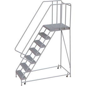 7 Step Aluminum Rolling Ladder, 16"W Grip Tread, 28"D Top Step, 32" Handrails