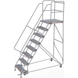 8 Step Aluminum Rolling Ladder, 24"W Grip Tread, 28"D Top Step, 32" Handrails