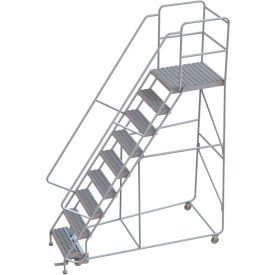 9 Step Aluminum Rolling Ladder, 24"W Grip Tread, 28"D Top Step, 32" Handrails