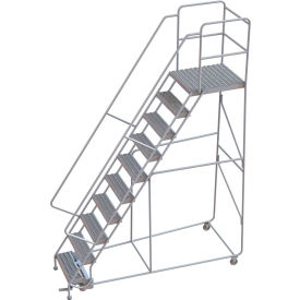 10 Step Aluminum Rolling Ladder, 24"W Grip Tread, 28"D Top Step, 32" Handrails - WLAR110245-D5