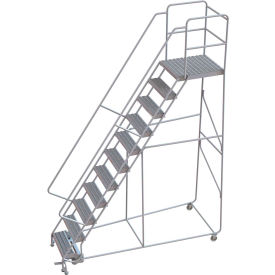 11 Step Aluminum Rolling Ladder, 24"W Grip Tread, 28"D Top Step, 32" Handrails -