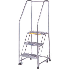 Serrated 4 Step 24"W Aluminum Rolling Ladder 10"D Top Step, Spring Loaded