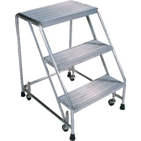Serrated 4 Step 24"W Aluminum Rolling Ladder 10"D Top Step, Spring Loaded