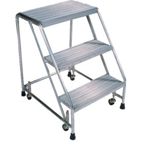 Ribbed 3 Step 24"W Aluminum Rolling Ladder 10"D Top Step, Spring Loaded - A3S30