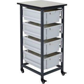 Mobile Bin Cart with Four 6"H Totes - Gray/Black, 19-1/2"L x 17"W x 37-1/4"H