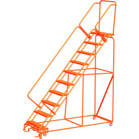 6 Step 24"W Steel Safety Angle Orange Rolling Ladder With Handrails, Serrated Tread