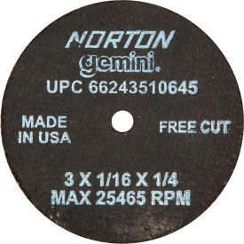 Gemini Small Diameter Cut-Off Wheel 3" x 1/16" x 1/4" 36 Grit Alum. Oxide Type 1