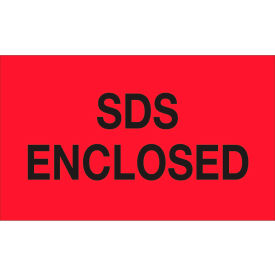 Paper Labels w/ "SDS Enclosed" Print, 3"L x 5"W, Fluorescent Red & Black, Roll of 500
