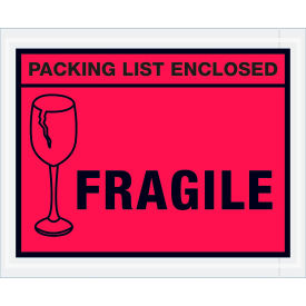 Full Face Envelopes, "Packing List Enclosed-Fragile" Print, 5-1/2"L x 4-1/2"W, Red, 1000/Pack