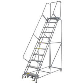 Perforated 24"W 11 Step Steel Rolling Ladder 14"D Top Step, W/Cal OSHA Handrail