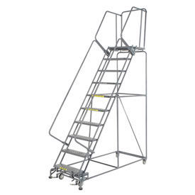 Perforated 24"W 10 Step Steel Rolling Ladder 21"D Top Step, W/Cal OSHA Handrail