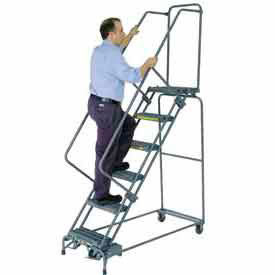 Perforated 24"W 6 Step Steel Rolling Ladder 21"D Top Step, Lock Type B, W/Cal OSHA Handrail