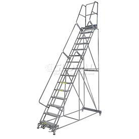 Perforated 24"W 15 Step Steel Rolling Ladder 14"D Top Step, W/Cal OSHA Handrail