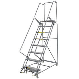 Perforated 24"W 8 Step Steel Rolling Ladder 21"D Top Step, W/Cal OSHA Handrail