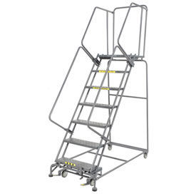Perforated 24"W 7 Step Steel Rolling Ladder 21"D Top Step, Lock Type B, W/Cal OSHA Handrail