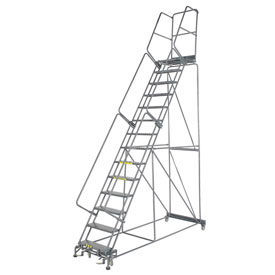 Perforated 24"W 14 Step Steel Rolling Ladder 21"D Top Step, W/Cal OSHA Handrail