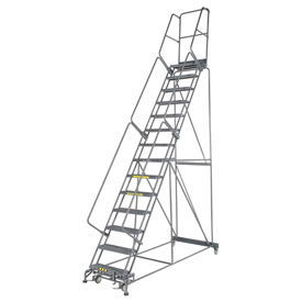 24"W 14 Step Steel Rolling Ladder 14"D Top Step, W/Cal OSHA Handrail