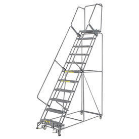 24"W 11 Step Steel Rolling Ladder 14"D Top Step, W/Cal OSHA Handrail