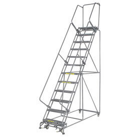 24"W 12 Step Steel Rolling Ladder 14"D Top Step, W/Cal OSHA Handrail