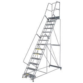 24"W 14 Step Steel Rolling Ladder 21"D Top Step, W/Cal OSHA Handrail