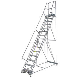 Perforated 24"W 15 Step Steel Rolling Ladder 21"D Top Step, W/Cal OSHA Handrail