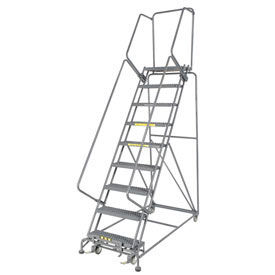 24"W 9 Step Steel Rolling Ladder 14"D Top Step, W/Cal OSHA Handrail