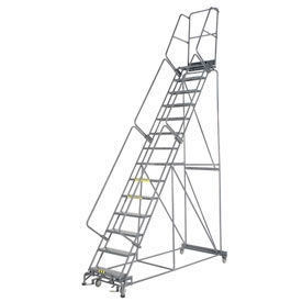 Perforated 24"W 14 Step Steel Rolling Ladder 14"D Top Step, W/Cal OSHA Handrail