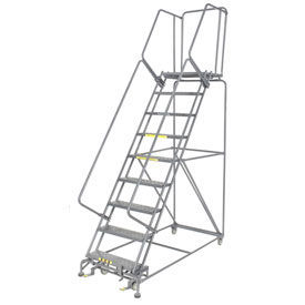 Perforated 24"W 9 Step Steel Rolling Ladder 21"D Top Step With Cal OSHA Handrail
