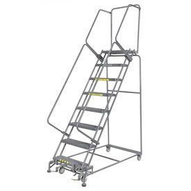 24"W 8 Step Steel Rolling Ladder 14"D Top Step, W/Cal OSHA Handrail