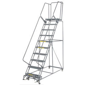 24"W 10 Step Steel Rolling Ladder 21"D Top Step, W/Cal OSHA Handrail