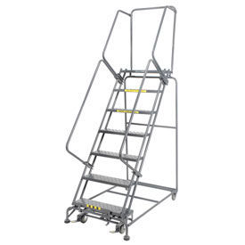 Perforated 24"W 7 Step Steel Rolling Ladder 14"D Top Step, Lock Style B, W/Cal OSHA Handrail