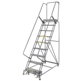 Perforated 24"W 9 Step Steel Rolling Ladder 14"D Top Step, W/Cal OSHA Handrail
