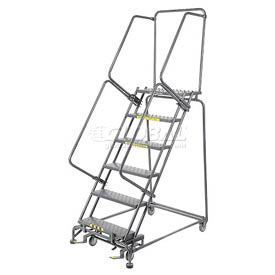 Perforated 24"W 6 Step Steel Rolling Ladder 14"D Top Step, Lock Style B, W/Cal OSHA Handrail