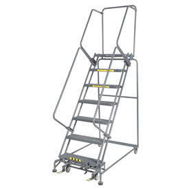 24"W 7 Step Steel Rolling Ladder 14"D Top Step, Lock Type B, W/Cal OSHA Handrail