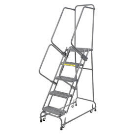 16"W 5 Step Steel Rolling Ladder 14"D Top Step, W/Cal OSHA Handrail